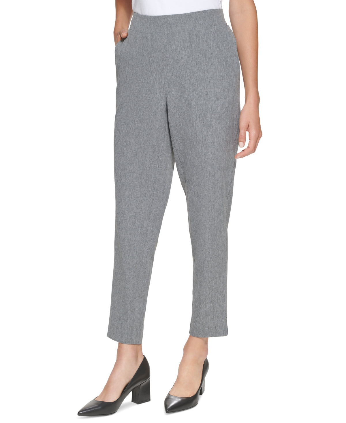 Calça social feminina Calvin Klein com elástico nas costas e cintura alta, cinza, tamanho médio