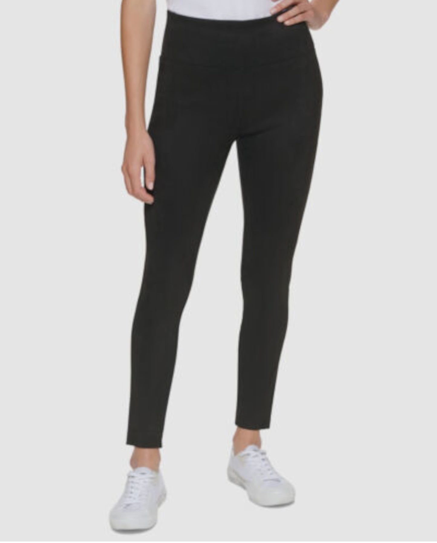 Calça feminina Calvin Klein com ajuste elástico e camurça sintética, estilo reto, preta, tamanho extragrande