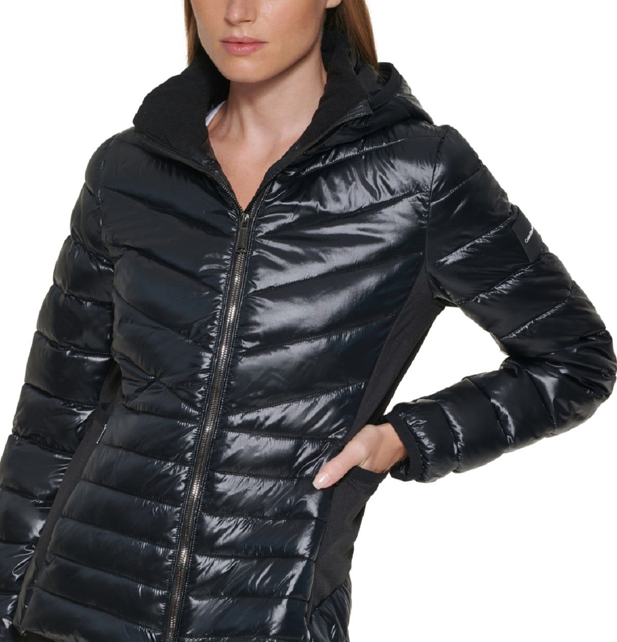 Casaco acolchoado com capuz Calvin Klein feminino, preto, tamanho pequeno