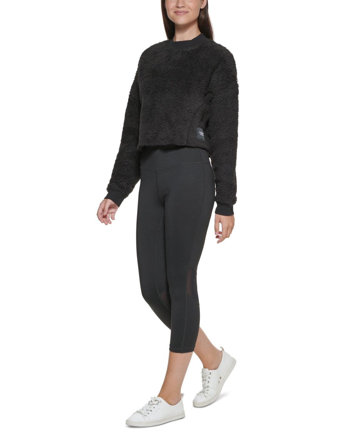 Blusa curta Calvin Klein feminina de lã sintética Sherpa, preta, tamanho X-G