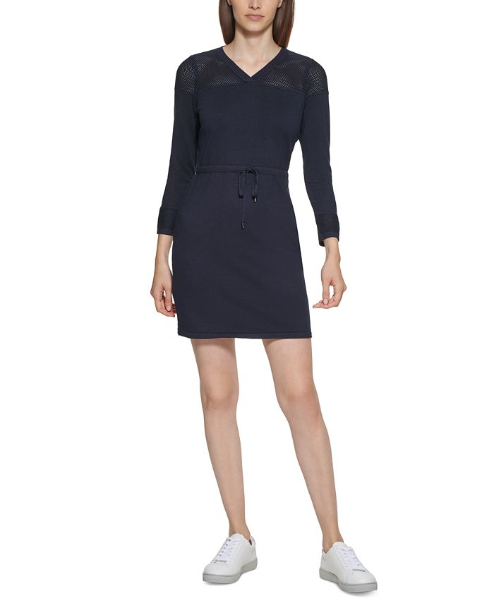 Vestido curto Calvin Klein feminino com estampa de nervuras elásticas e acabamento em pointelle, manga 3/4, decote em V, azul, tamanho pequeno