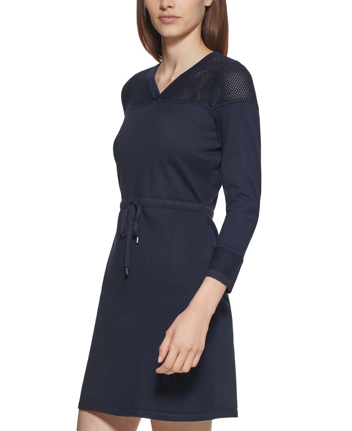 Vestido curto Calvin Klein feminino com estampa de nervuras elásticas e acabamento em pointelle, manga 3/4, decote em V, azul, tamanho pequeno