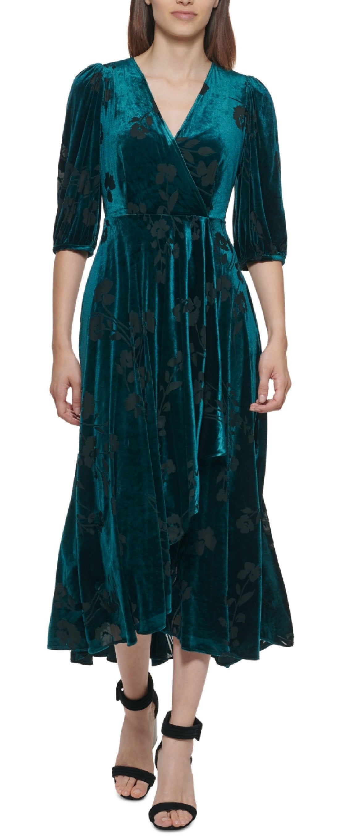 Vestido de veludo com estampa floral Calvin Klein feminino, verde, tamanho 8P