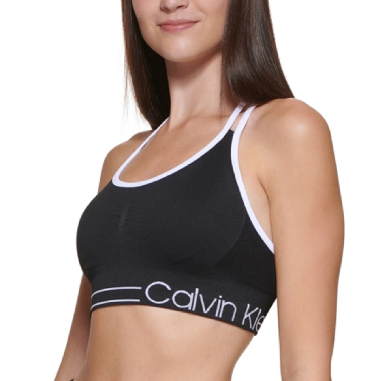 Sutiã esportivo feminino Calvin Klein com alças nas costas, preto, tamanho médio