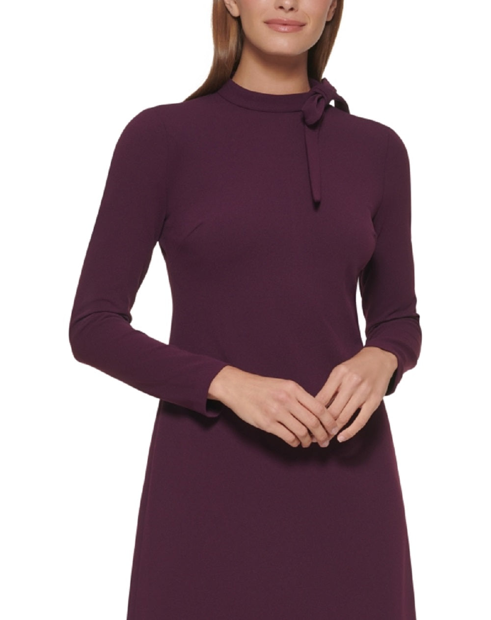 Vestido curto Calvin Klein feminino, decote careca, manga comprida, com zíper, elástico, amarração no pescoço, crepe, roxo, tamanho 12, pequeno