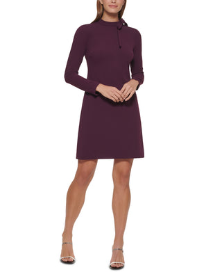 Calvin Klein Women's Stretch Zippered Darted Self Tie Neck Bow Scuba Crepe Long Sleeve Mock Neck Short Evening Body Con Dress Purple 12Petite