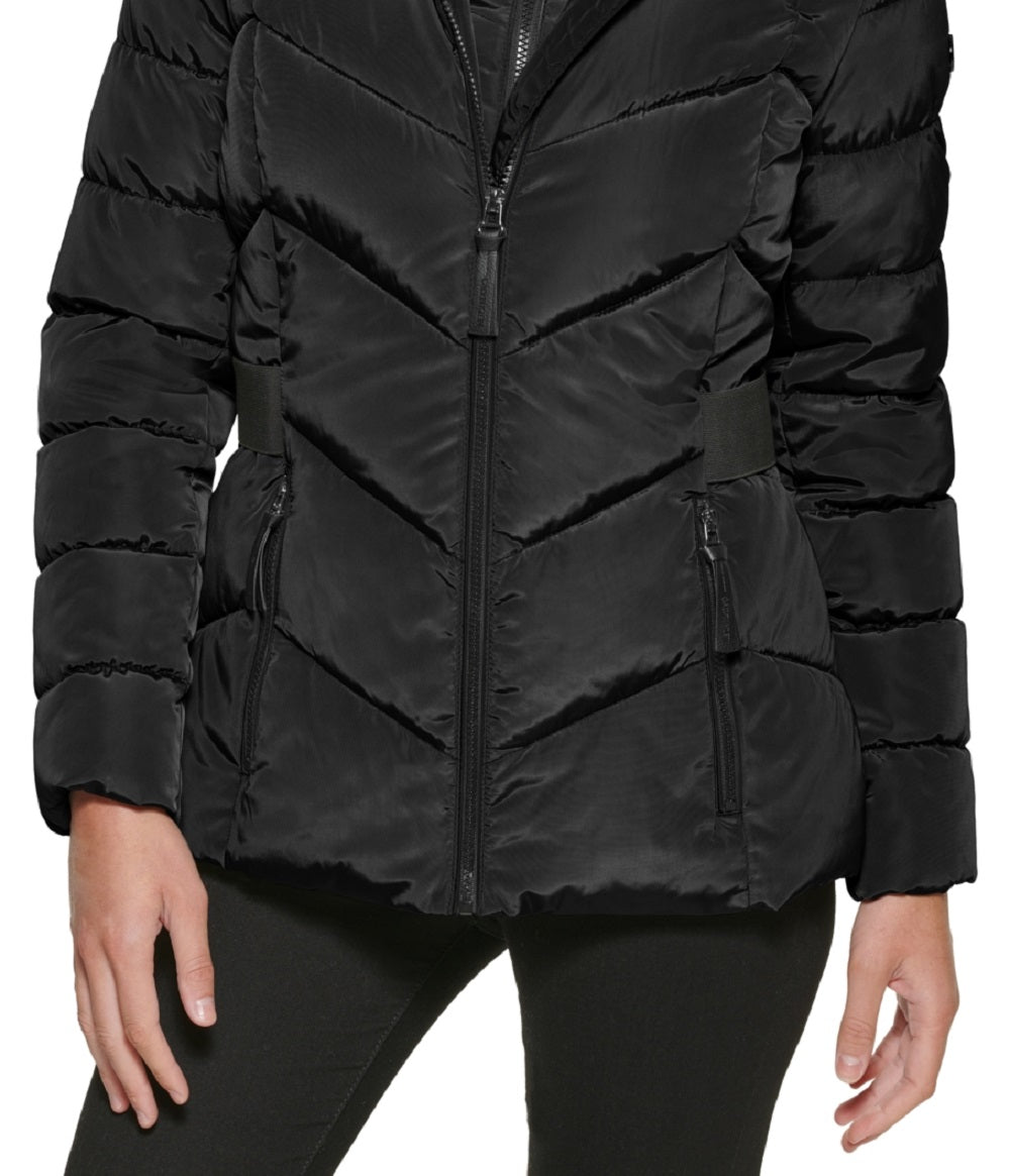 Casaco acolchoado com capuz e acabamento em pele sintética Calvin Klein feminino, preto, tamanho pequeno