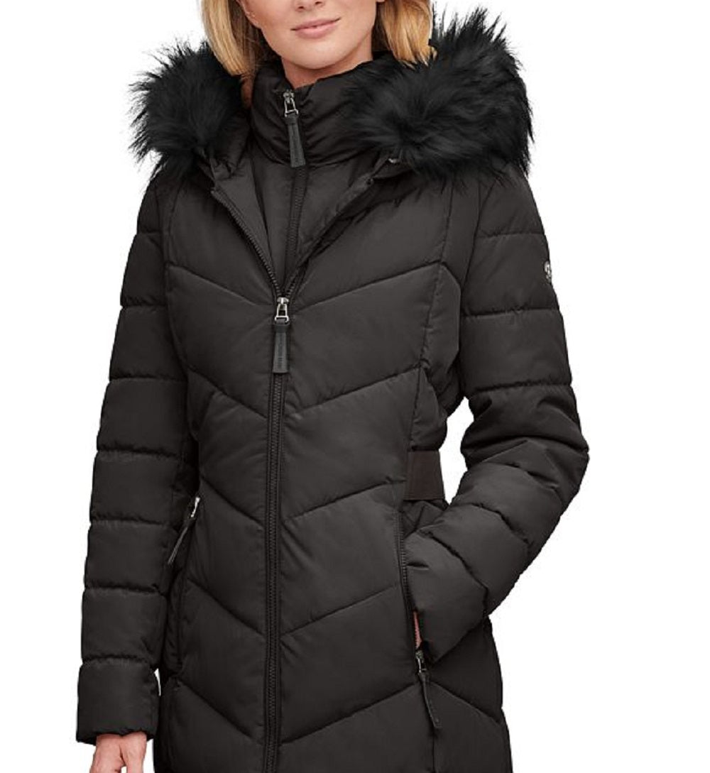 Casaco acolchoado com capuz e acabamento em pele sintética Calvin Klein feminino, preto, tamanho extragrande
