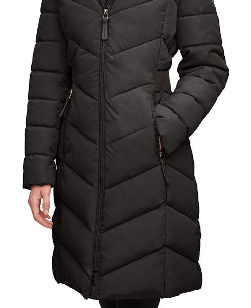Casaco acolchoado com capuz e acabamento em pele sintética Calvin Klein feminino, preto, tamanho extragrande