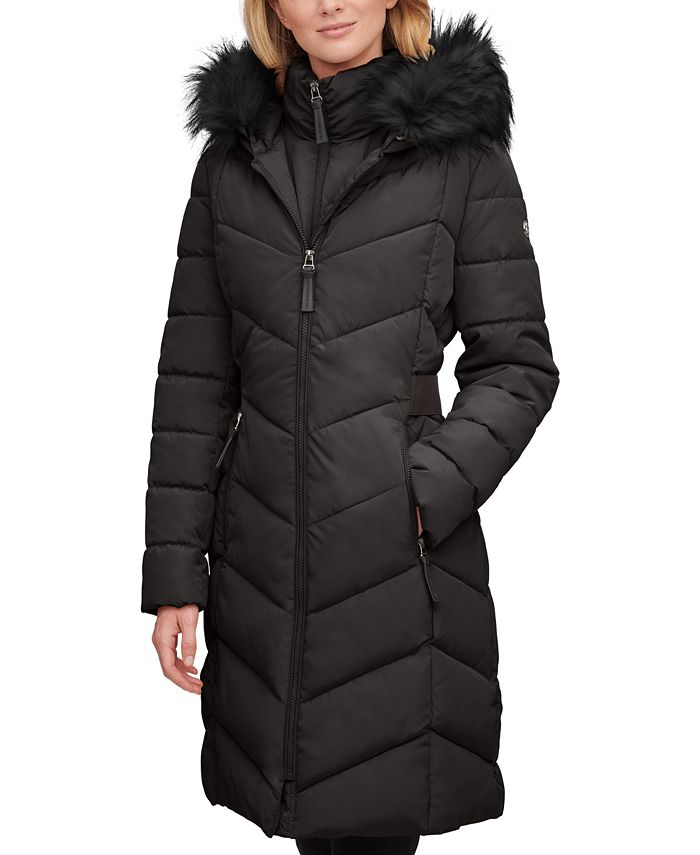 Casaco acolchoado com capuz e acabamento em pele sintética Calvin Klein feminino, preto, tamanho extragrande
