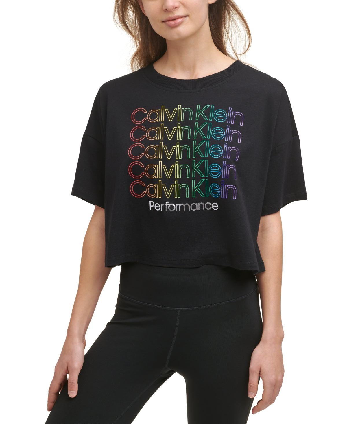 Blusa curta Calvin Klein feminina com logo Rainbow, preta, tamanho médio