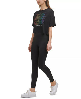 Blusa curta Calvin Klein feminina com logo Rainbow, preta, tamanho médio