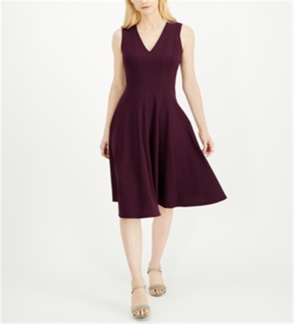 Vestido Calvin Klein Feminino com Decote em V e Ajuste Flare Roxo Tamanho 12