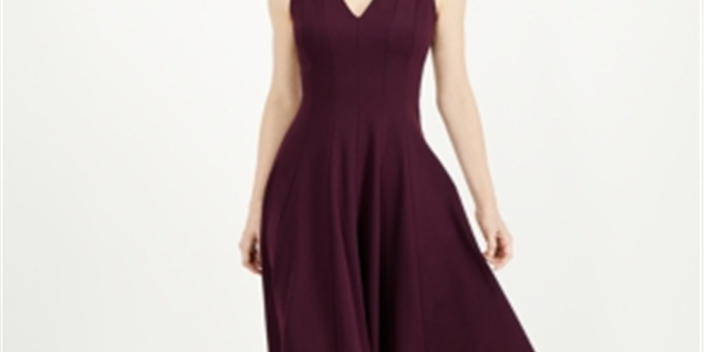 Vestido Calvin Klein Feminino com Decote em V e Ajuste Flare Roxo Tamanho 12