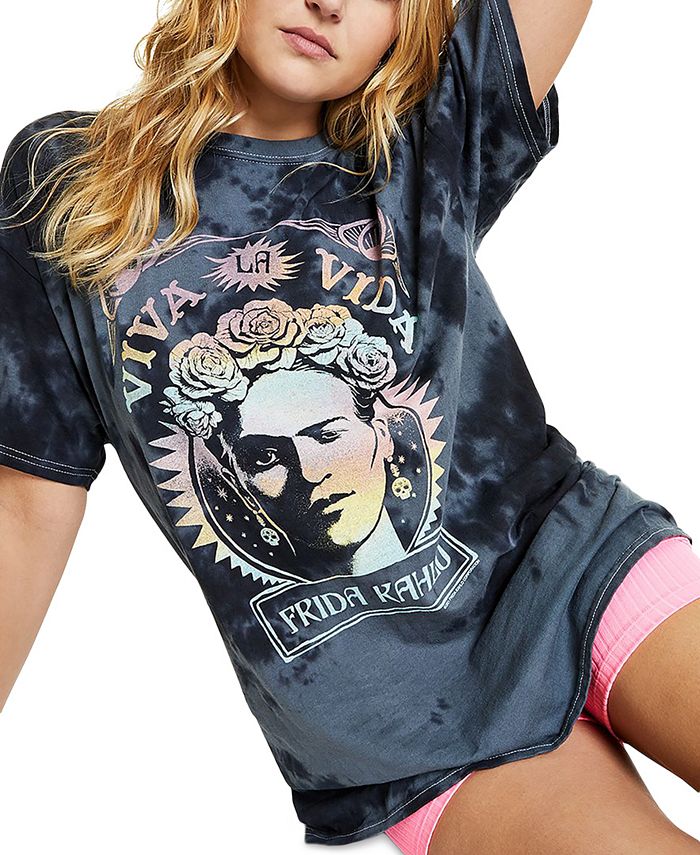 Camiseta feminina de algodão com estampa Frida Kahlo, preta, tamanho grande