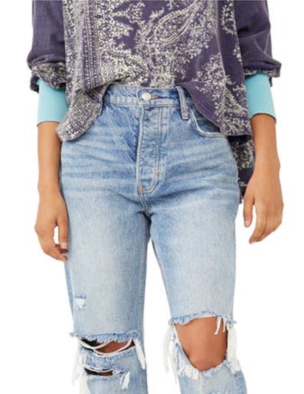 Calça jeans feminina estilo boyfriend, larga e afunilada, azul, tamanho 30, da Free People