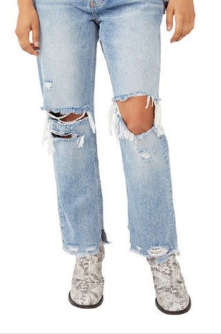 Calça jeans feminina estilo boyfriend, larga e afunilada, azul, tamanho 30, da Free People