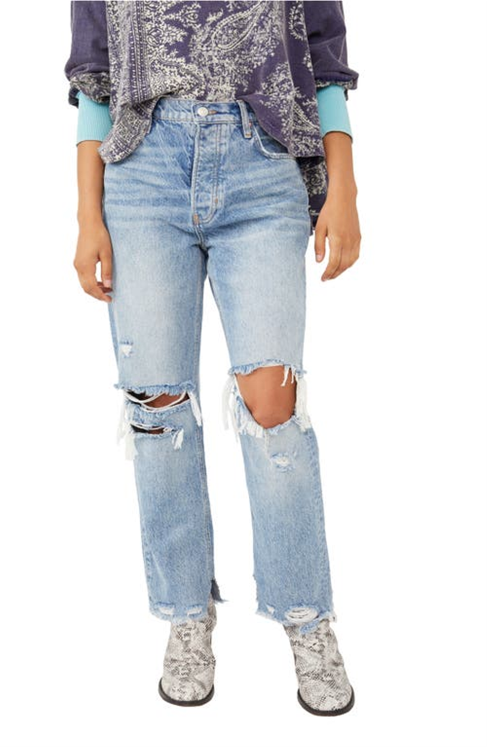 Calça jeans feminina estilo boyfriend, larga e afunilada, azul, tamanho 30, da Free People