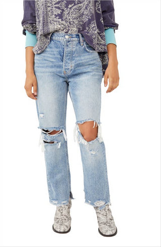 Calça jeans feminina estilo boyfriend, larga e afunilada, azul, tamanho 30, da Free People
