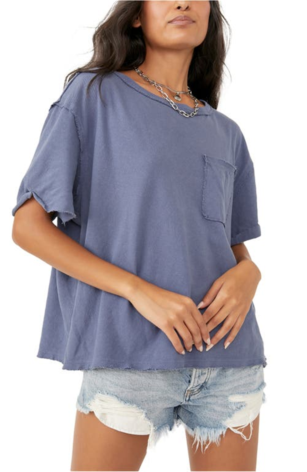Camiseta feminina Free People Care FP com bolso grande, azul, tamanho X-S