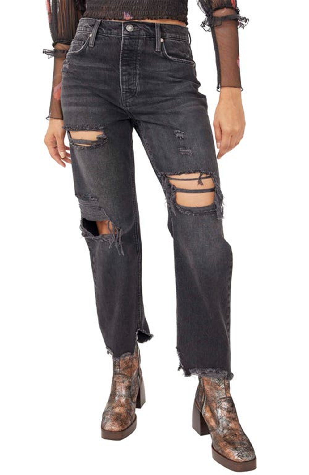 Calça jeans feminina estilo boyfriend, larga e afunilada, preta, tamanho 27, da Free People