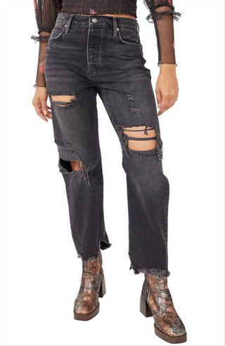 Calça jeans feminina estilo boyfriend, larga e afunilada, preta, tamanho 27, da Free People