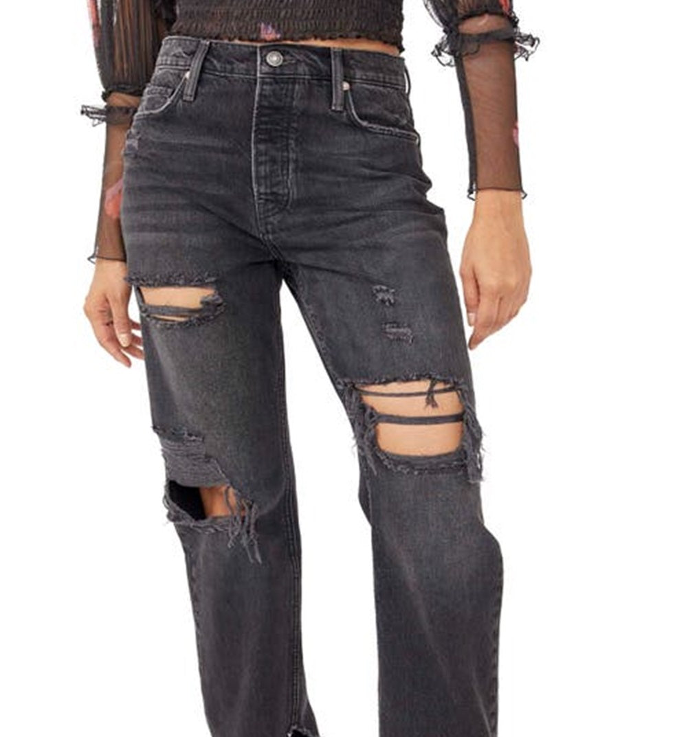 Calça jeans feminina estilo boyfriend, larga e afunilada, preta, tamanho 27, da Free People