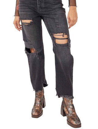 Calça jeans feminina estilo boyfriend, larga e afunilada, preta, tamanho 27, da Free People