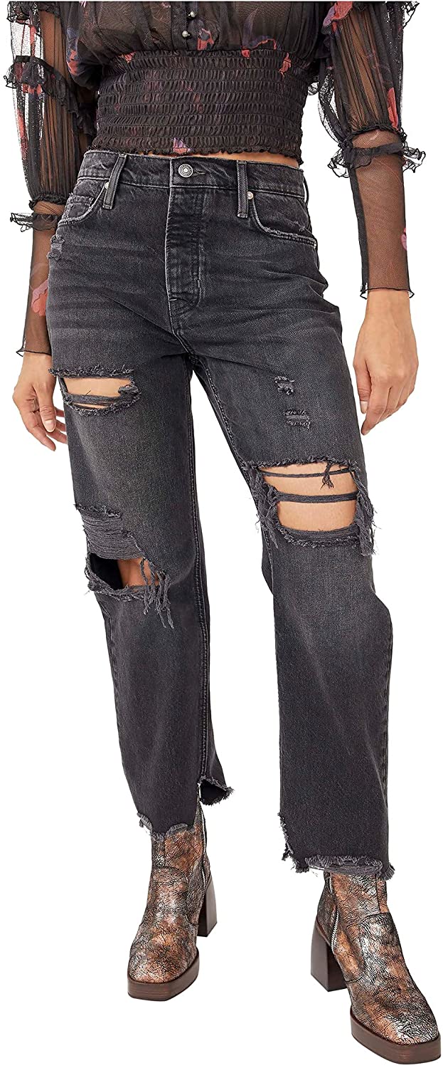 Calça jeans feminina estilo boyfriend, larga e afunilada, preta, tamanho 28, da Free People