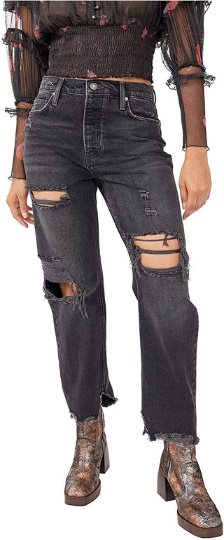 Calça jeans feminina estilo boyfriend, larga e afunilada, preta, tamanho 28, da Free People