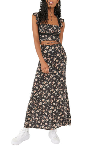 Top curto floral e saia longa femininos Free People, preto, tamanho 4