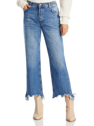 Calça jeans feminina Maggie Ripped Crop com perna reta, azul, tamanho 30