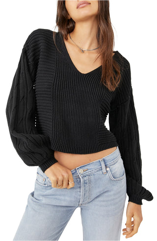 Suéter feminino Free People When It Rains de algodão com decote em V, preto, tamanho X-S