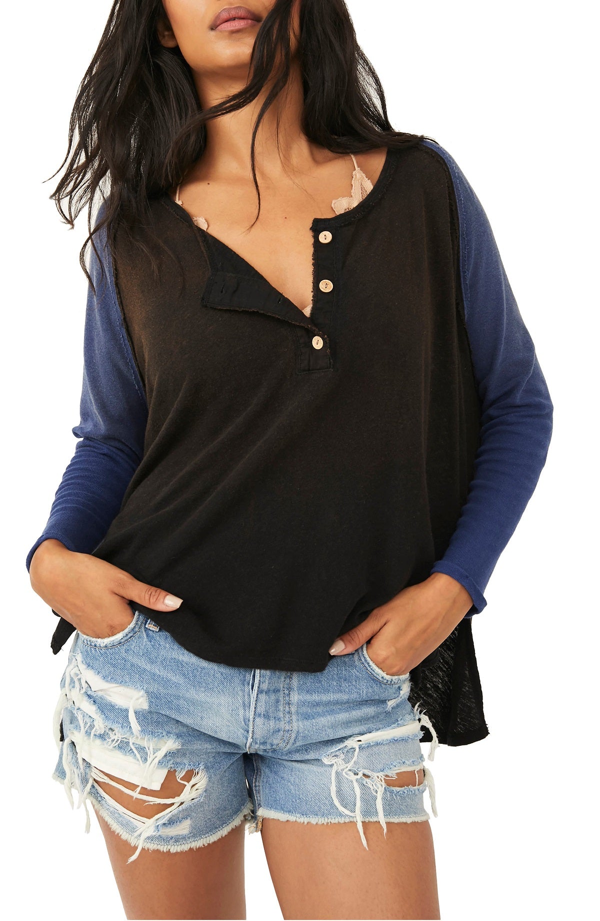 Blusa feminina Grand Slam de linho mesclado com manga três quartos, preta, tamanho médio