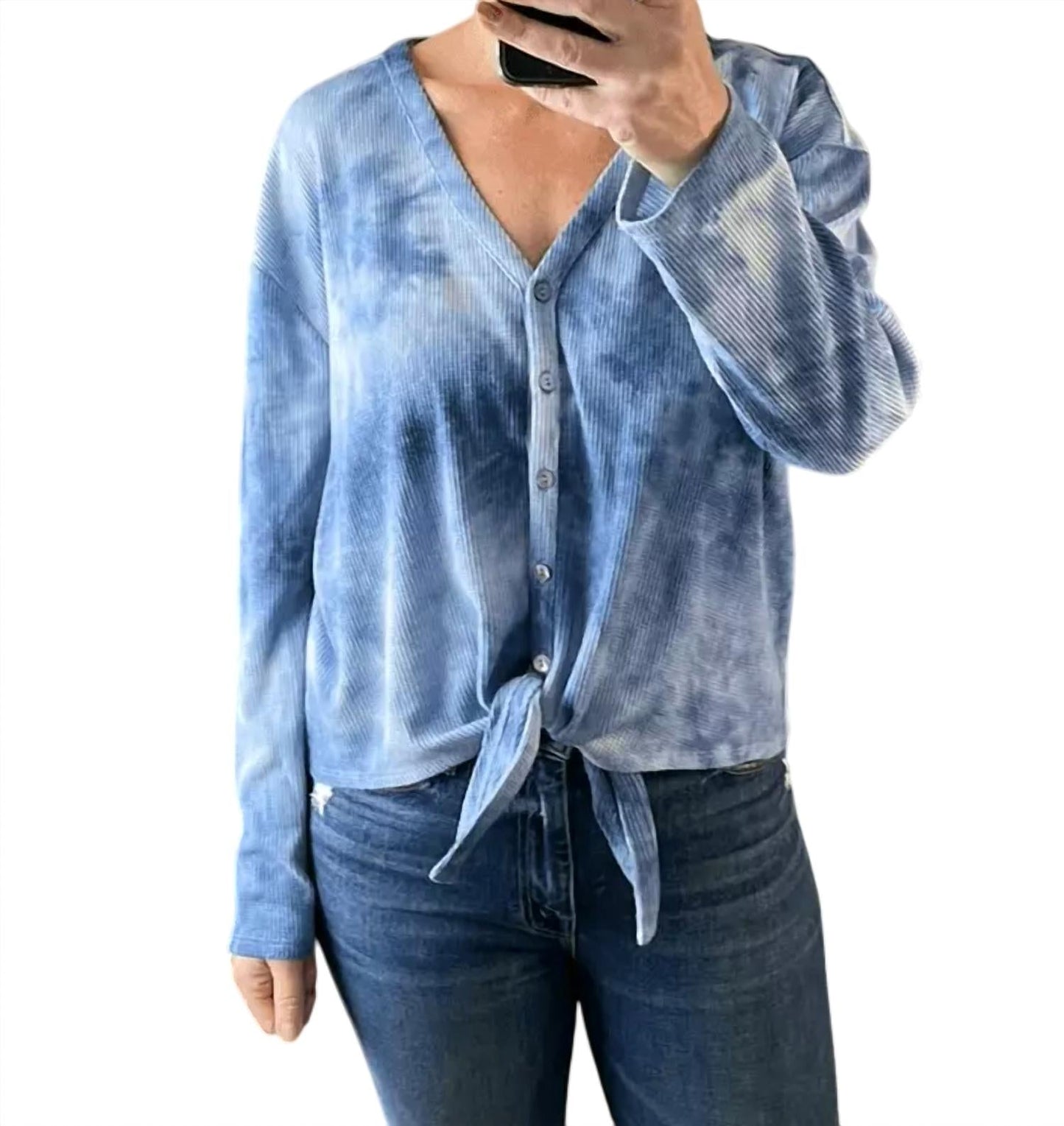 1.State - Tie Dye Button Front Tie Waffle Knit Shirt