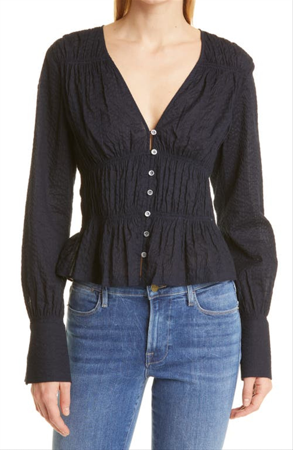 Blusa de algodão franzida com botões na frente, tamanho pequeno, FRAME