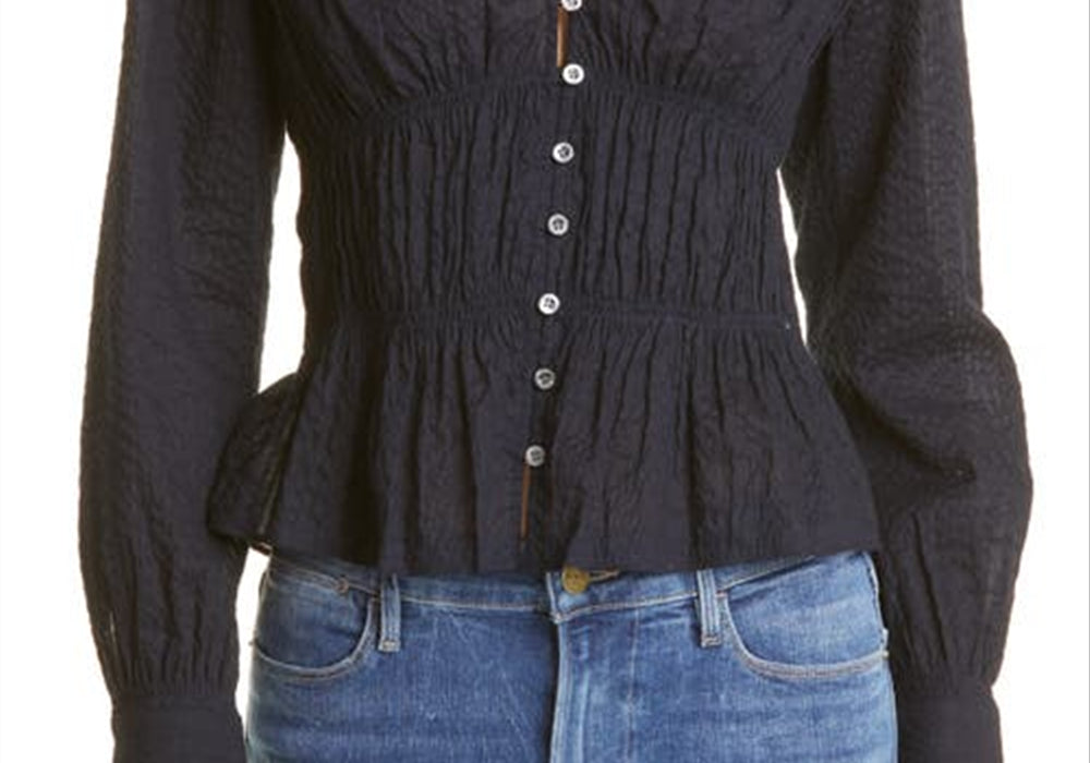 Blusa de algodão franzida com botões na frente, tamanho pequeno, FRAME