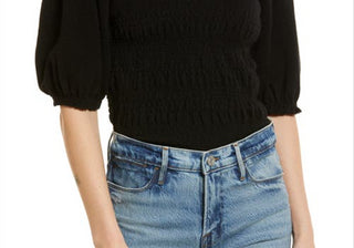 Suéter FRAME de cashmere e lã reciclada com mangas bufantes e franzidas, em preto, tamanho médio