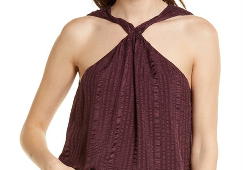 Top Halter de Seda Texturizada Drapeada FRAME em Cabernet, Tamanho X-S