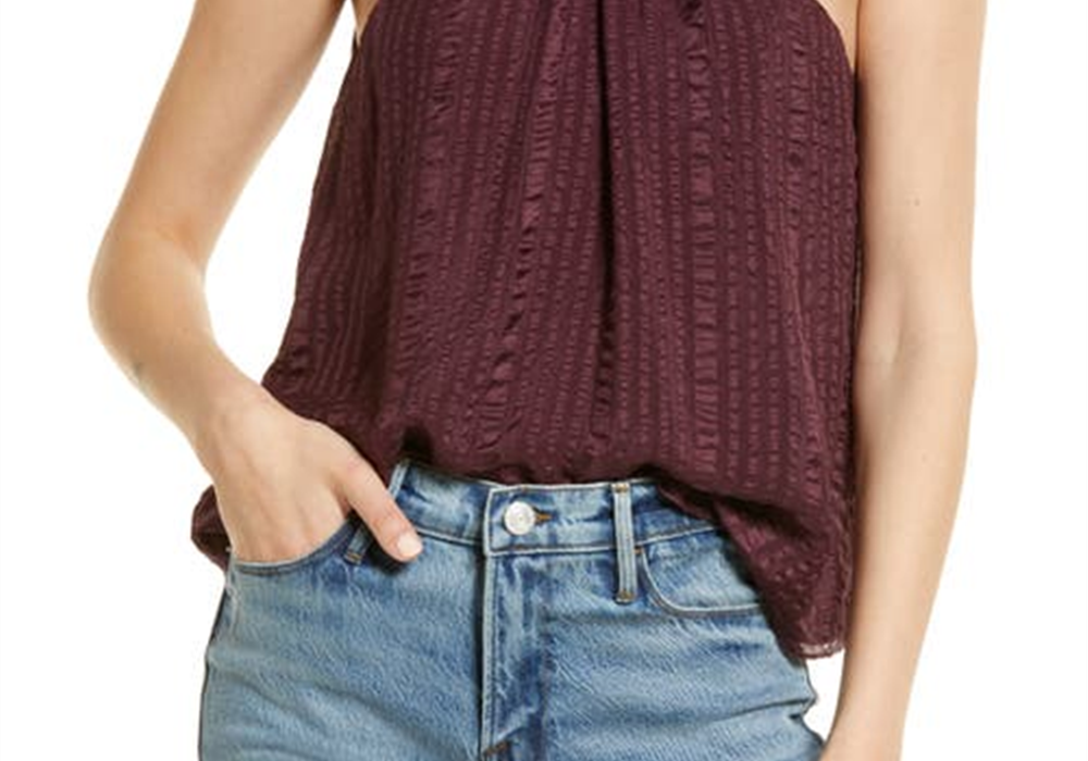 Top Halter de Seda Texturizada Drapeada FRAME em Cabernet, Tamanho X-S