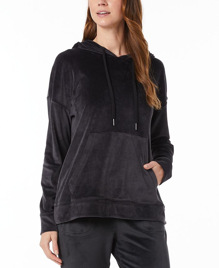 32 Degrees Moletom com capuz feminino de veludo com ombros caídos, preto, tamanho X-S