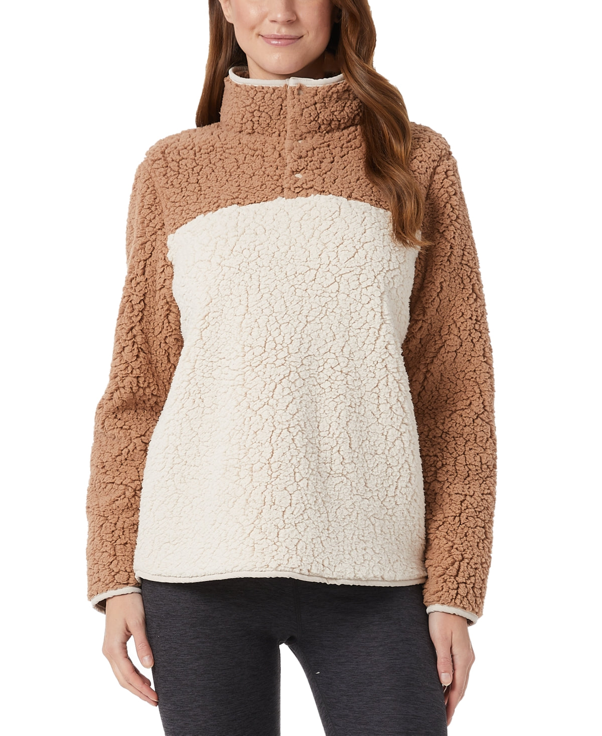 Moletom feminino Sherpa 32 Degrees com gola simulada, marrom, tamanho extragrande