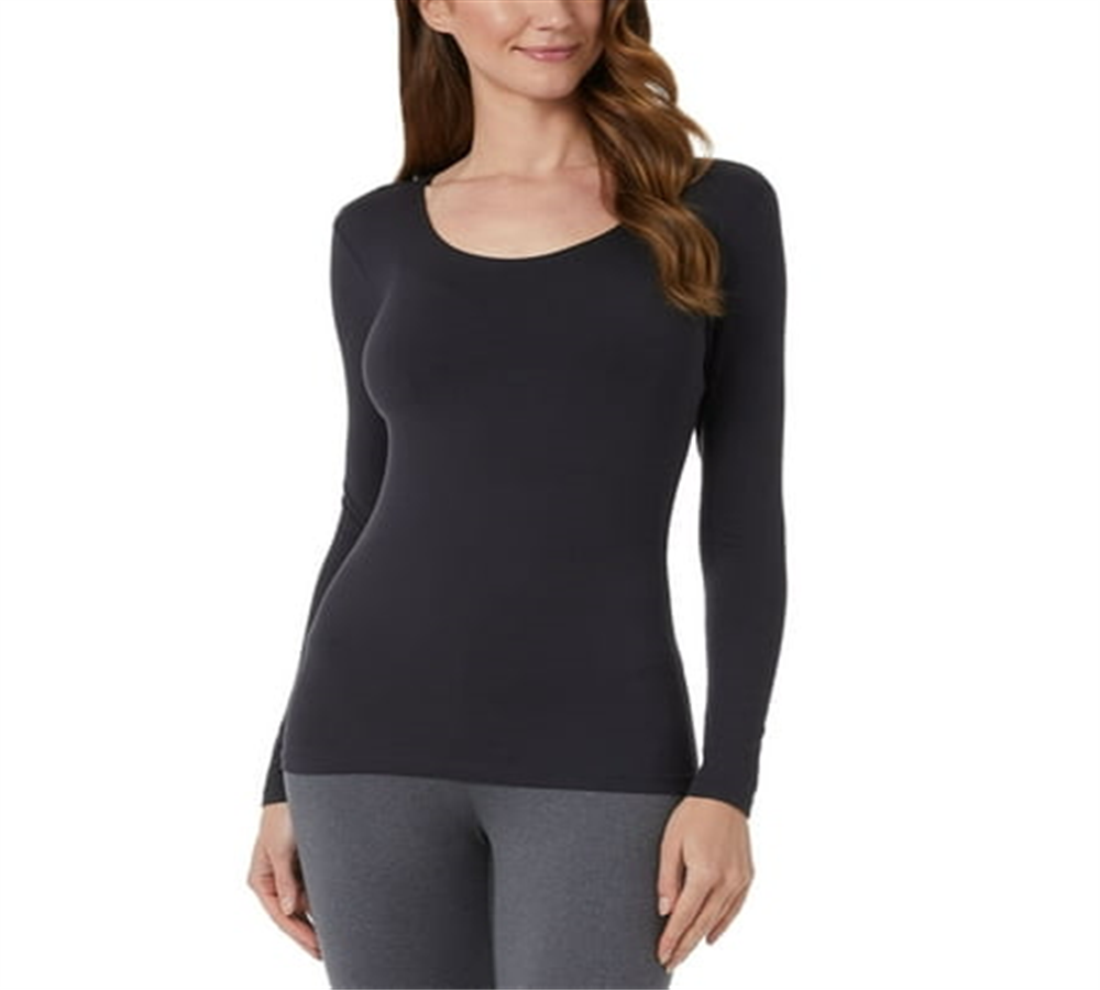 32 DEGREES Top feminino preto aconchegante com decote redondo, tamanho grande