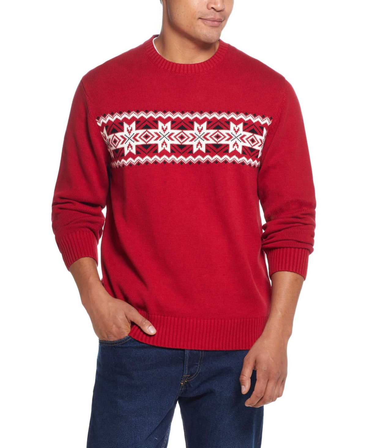 Suéter masculino vintage à prova de intempéries com listras no peito e floco de neve, vermelho, tamanho 2XL