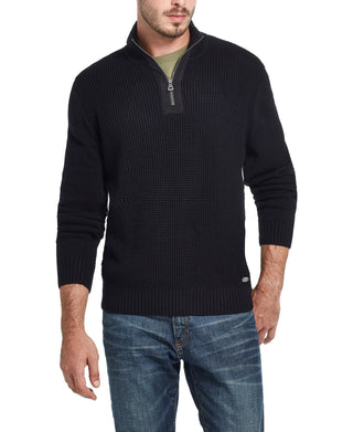Suéter masculino vintage à prova de intempéries com textura waffle e zíper 1/4, preto, tamanho médio