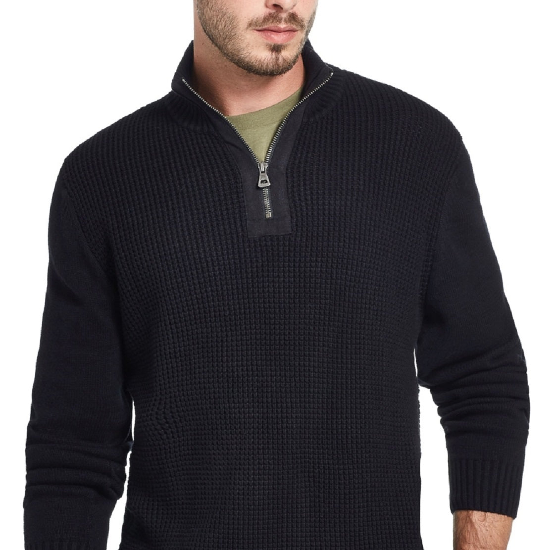Suéter masculino vintage à prova de intempéries com textura waffle e zíper 1/4, preto, tamanho médio