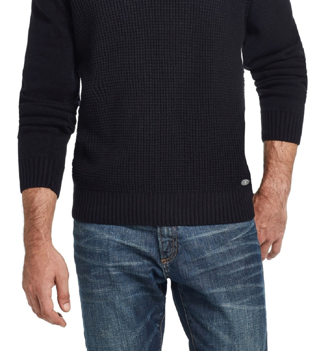 Suéter masculino vintage à prova de intempéries com textura waffle e zíper 1/4, preto, tamanho médio