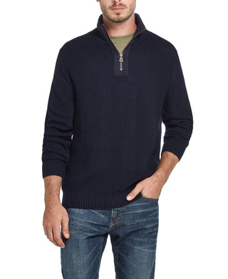 Suéter masculino vintage à prova de intempéries com textura waffle e zíper 1/4, preto, tamanho GG