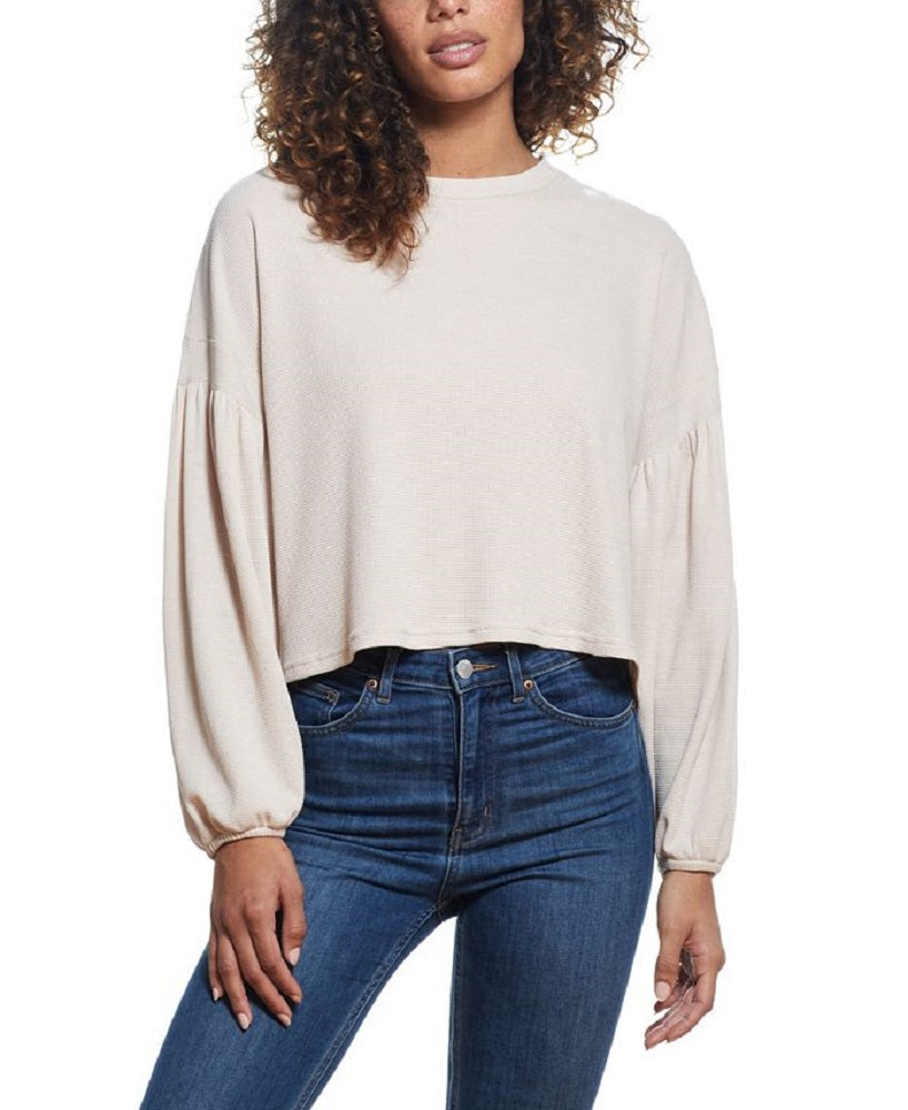 Blusa vintage feminina à prova de intempéries, com ombros caídos e manga balão, gola redonda, bege, tamanho médio