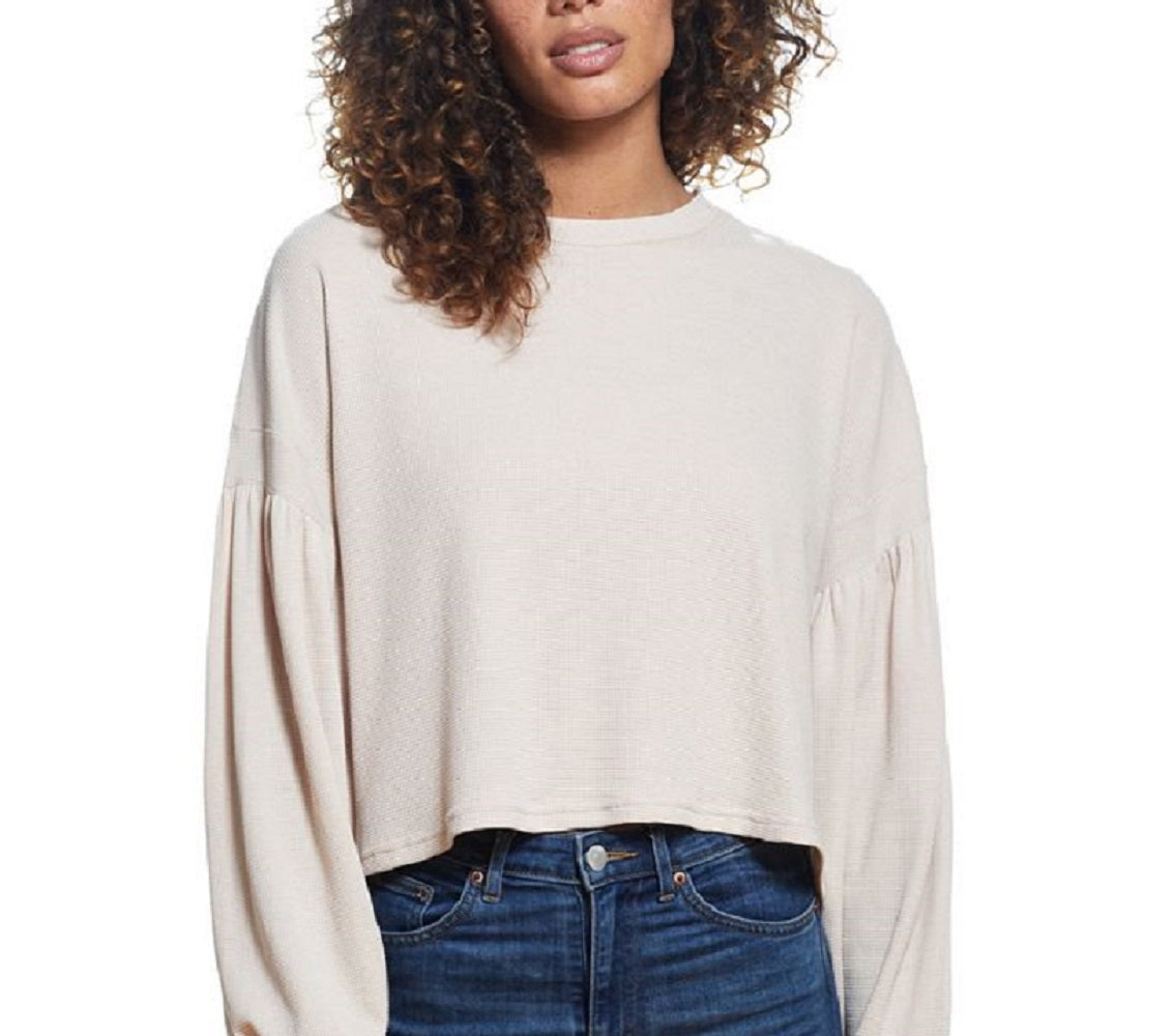 Blusa vintage feminina à prova de intempéries, com ombros caídos e manga balão, gola redonda, bege, tamanho médio
